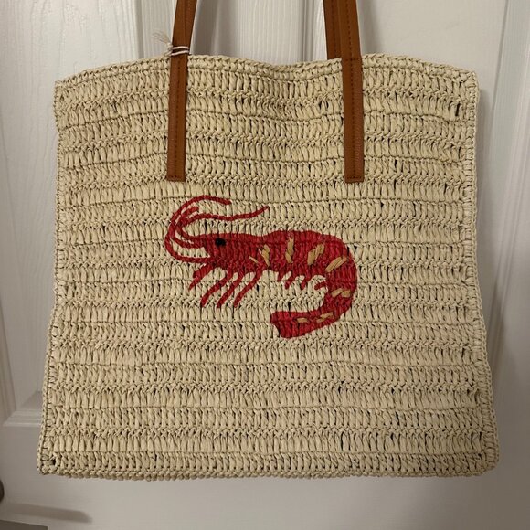 NWT Universal Thread Straw Straw Packable Tote Bag with Red Shrimp Embroidery - Picture 5 of 8